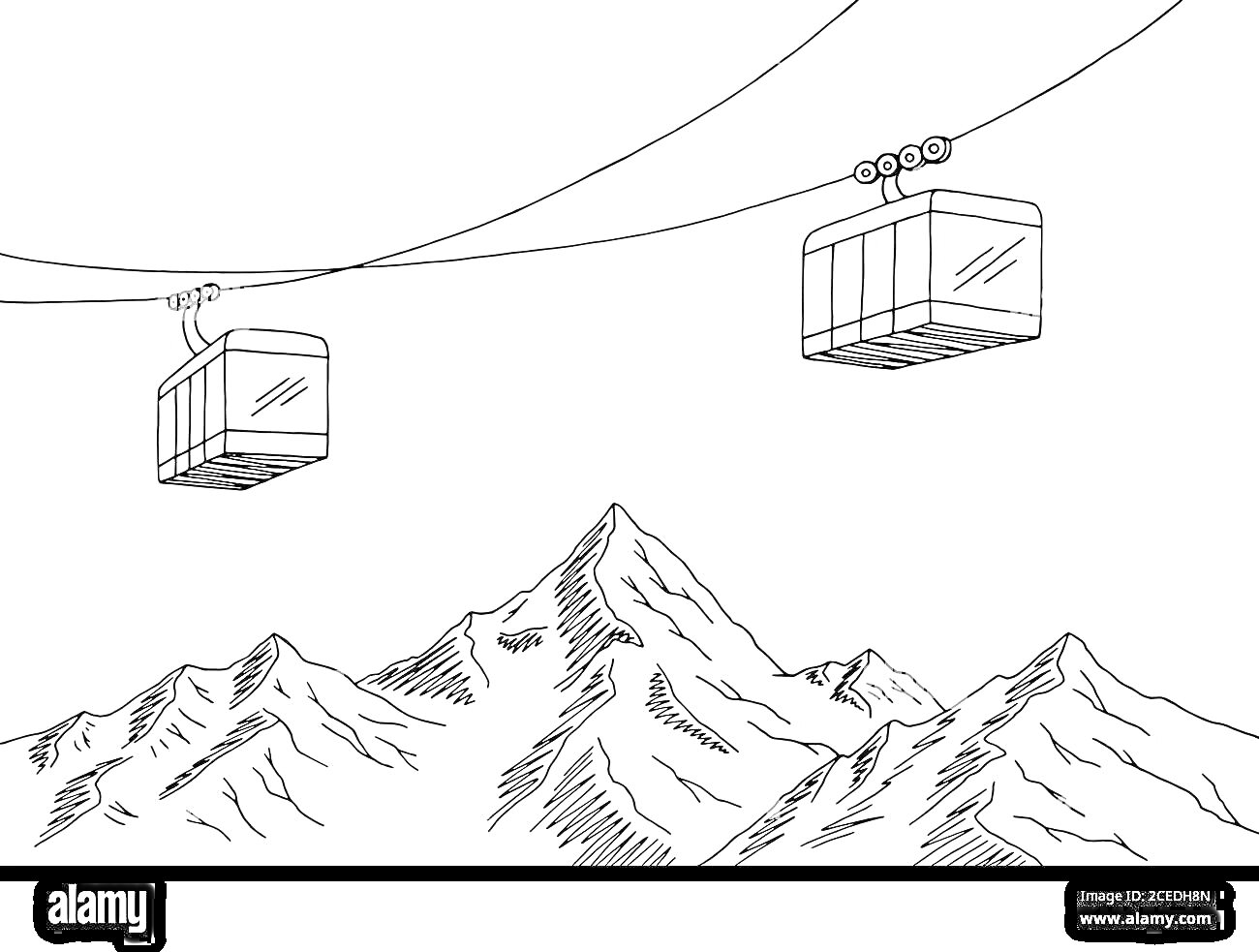 Раскраска Канатная дорога над горами с двумя кабинками