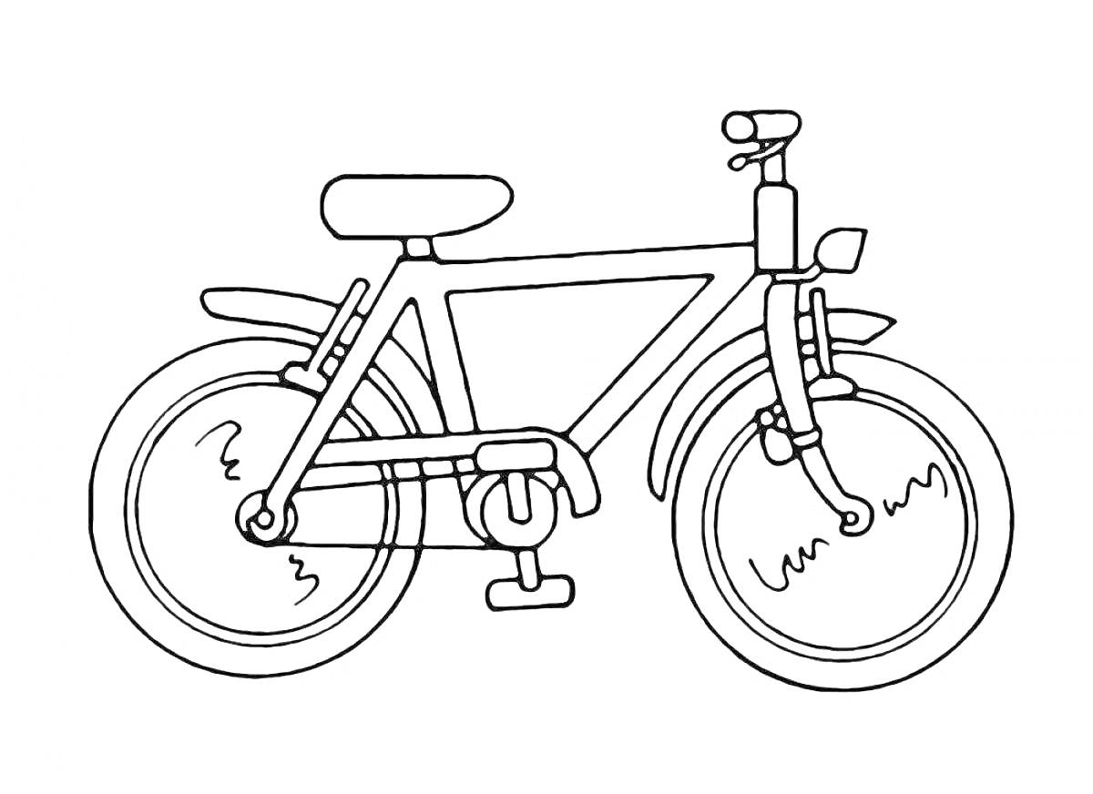 На раскраске изображено: Велосипед, Транспорт, Рама, Руль, Седло, Педали, Колёса