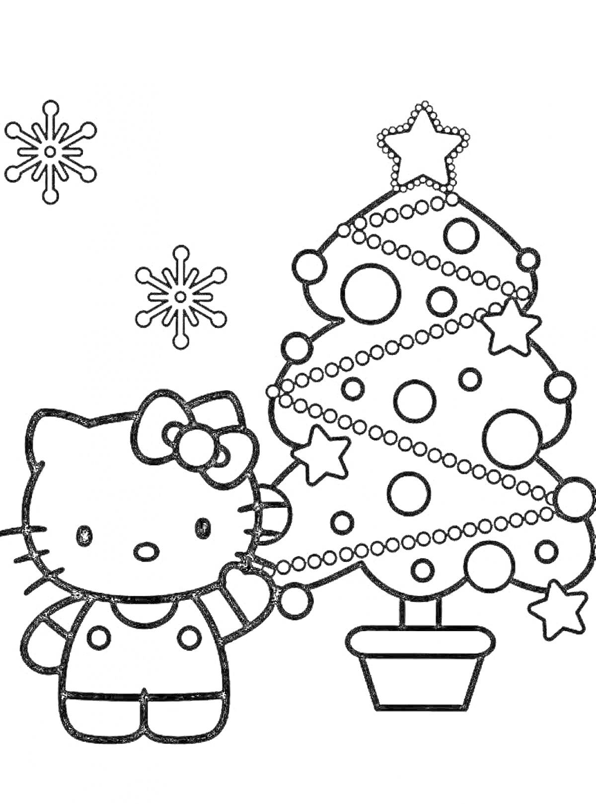 Раскраска Китти рядом с новогодней елкой с украшениями и снежинками