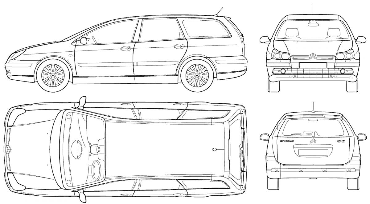 Раскраска Вид автомобиля Citroen с 4-х сторон: вид сбоку, вид спереди, вид сверху и вид сзади