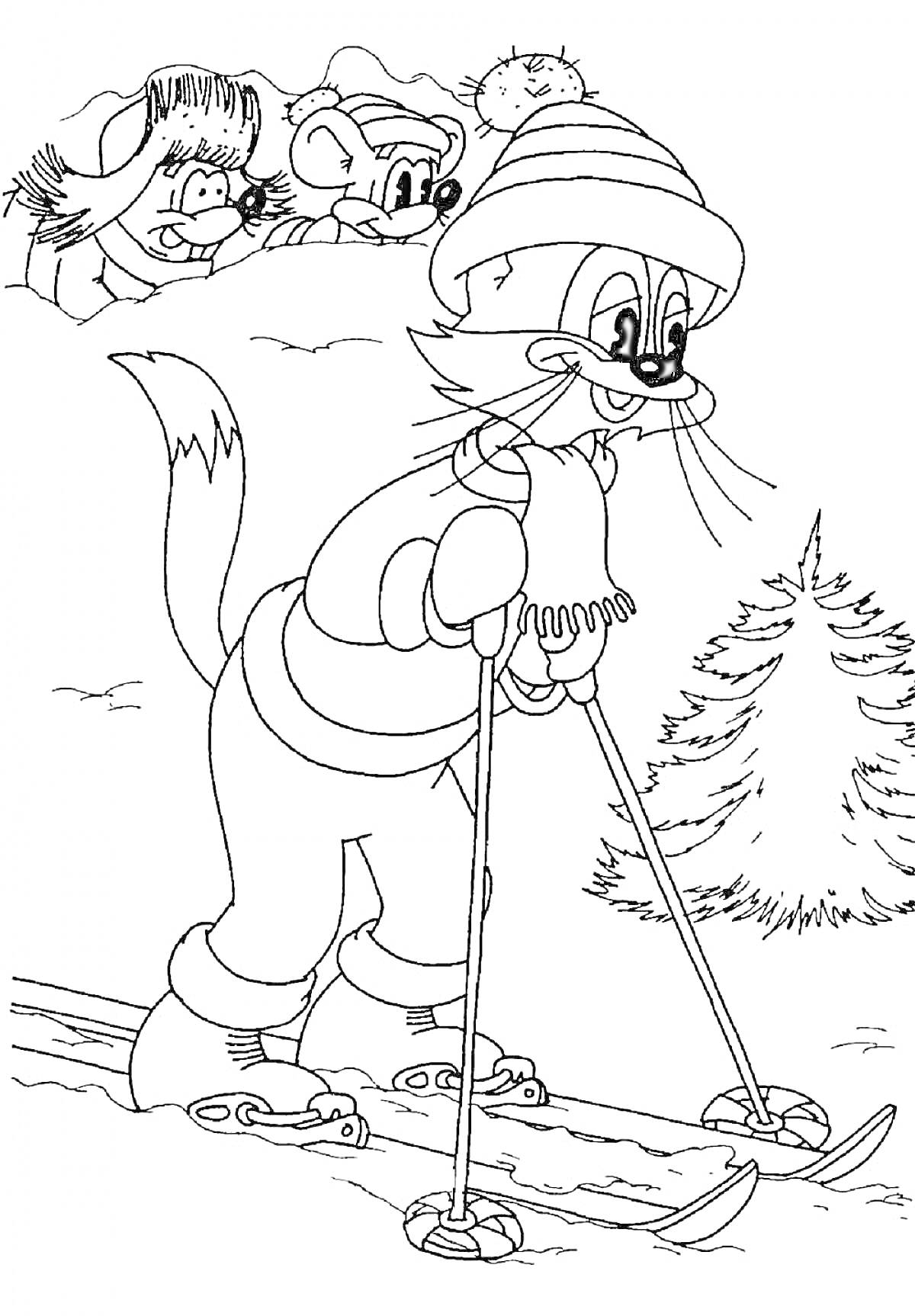 Кот Леопольд на лыжах с мышами в зимнем лесу