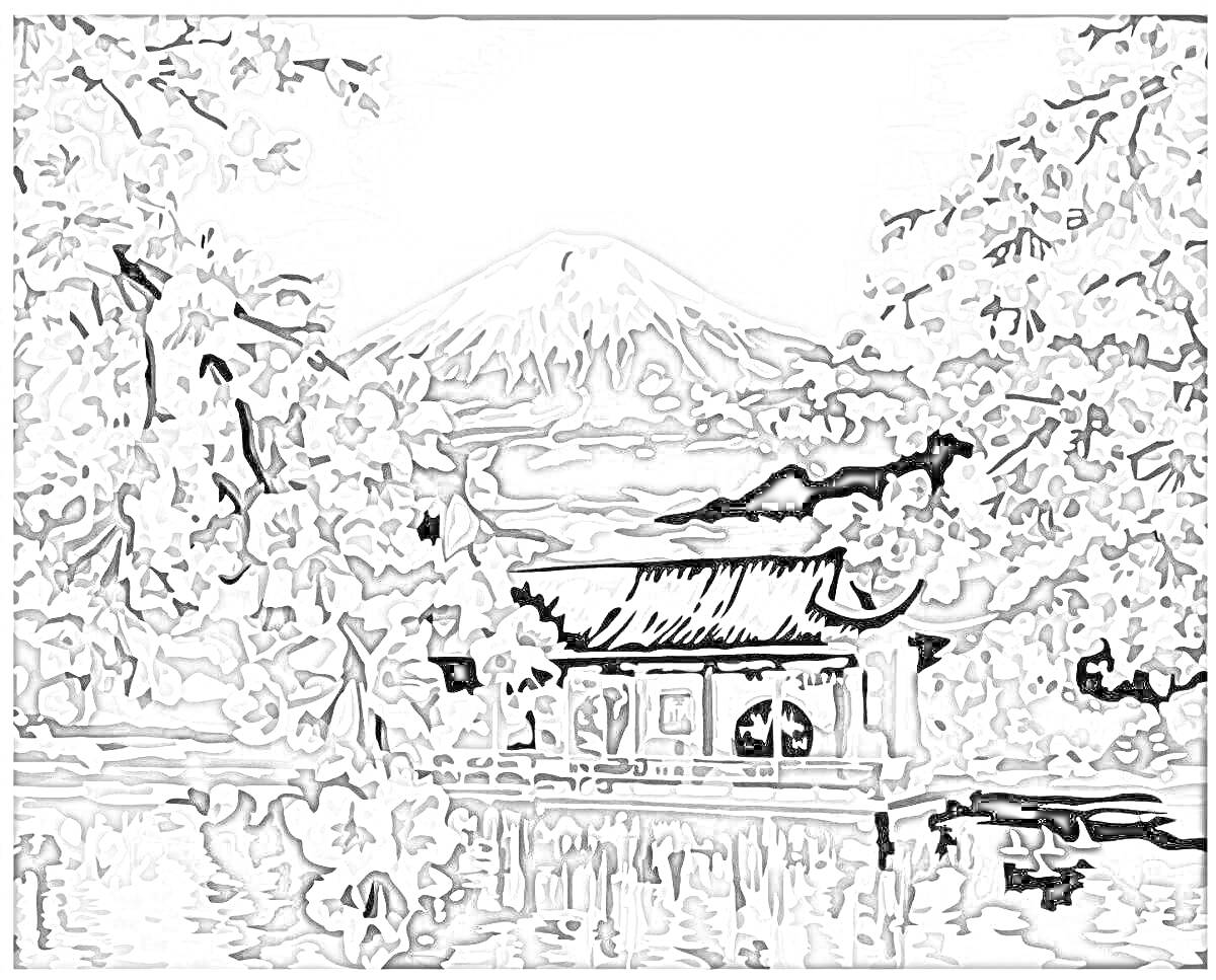 На раскраске изображено: Японский дом, Сакура, Пруд, Весна, Япония, Природа
