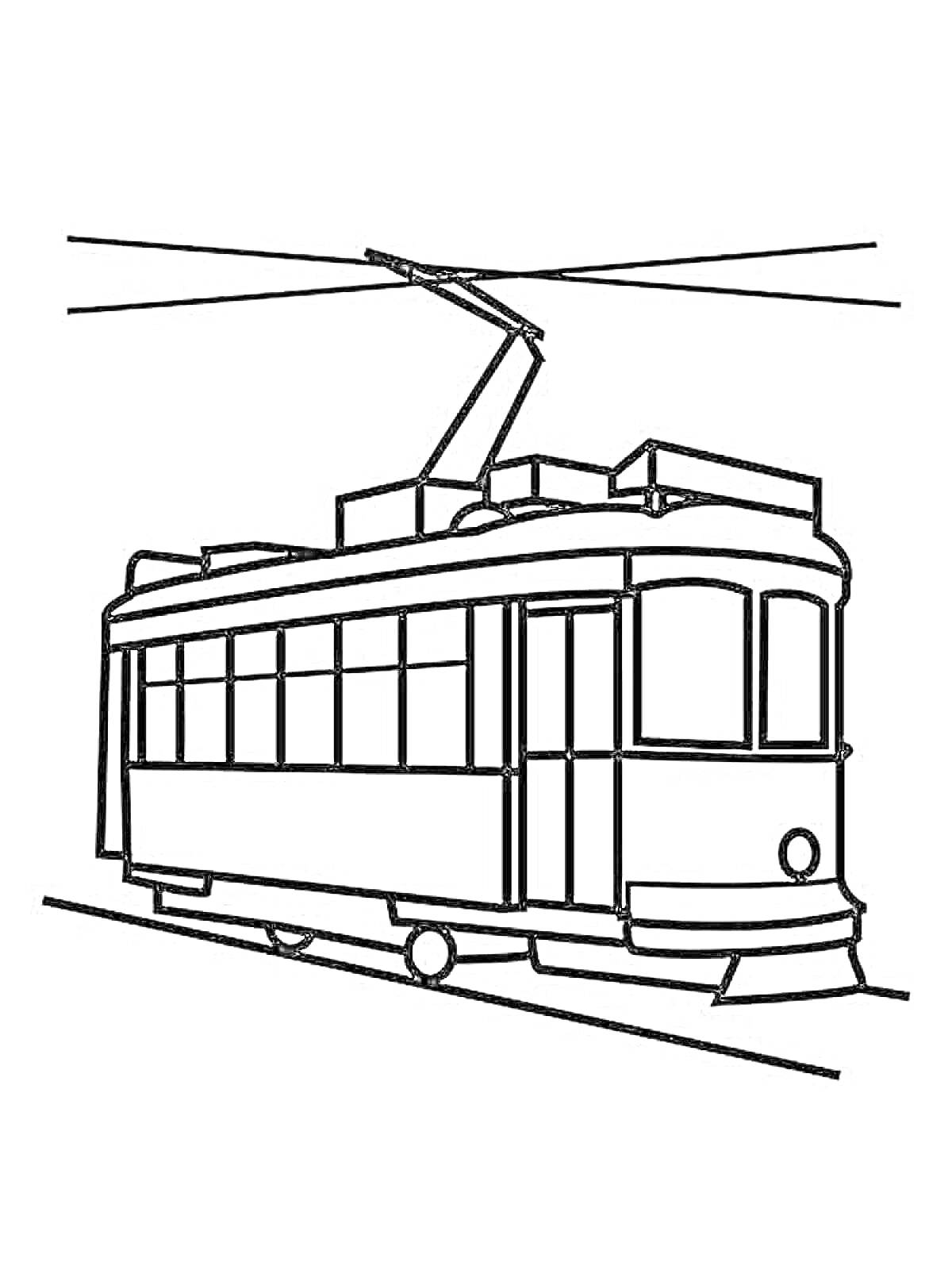 Раскраска Трамвай с боковым видом, контактными проводами и пантографом