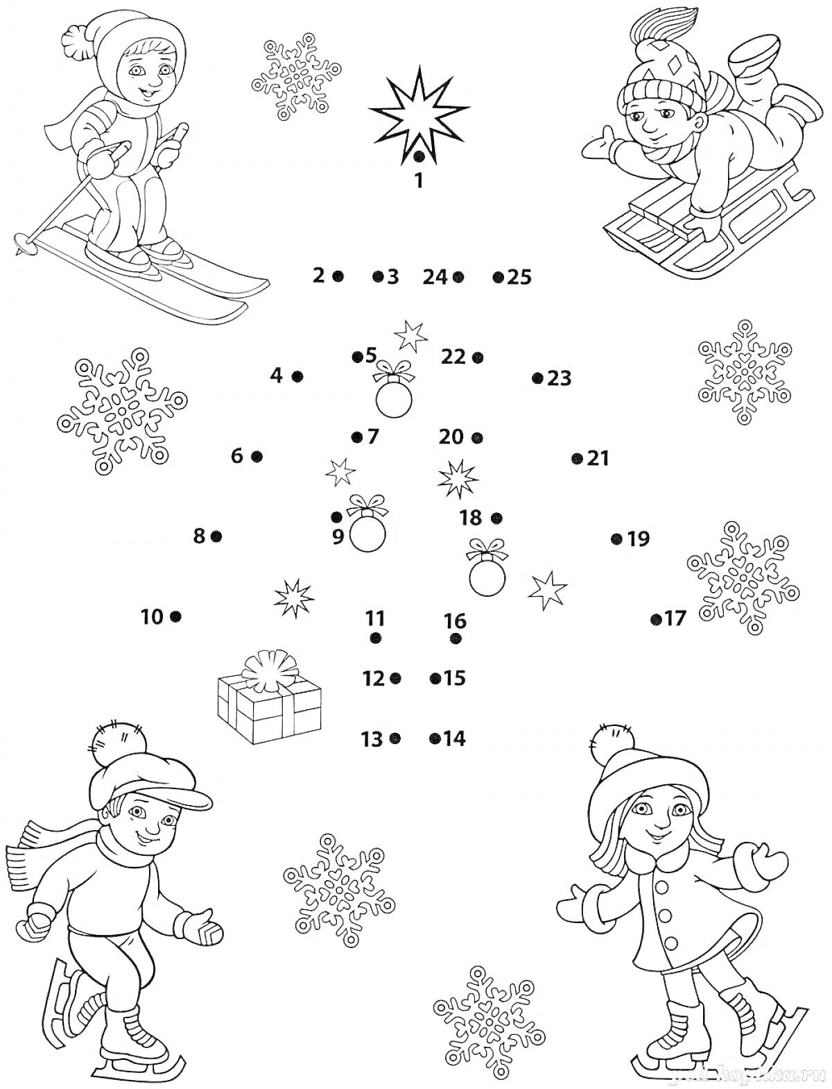 Раскраска Дети на лыжах и коньках с подарком и снежинками зимой