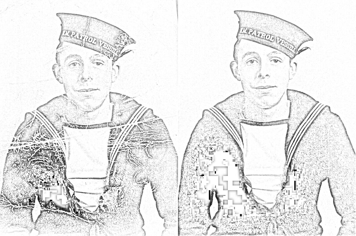 Старое фото с моряком в форме до и после реставрации