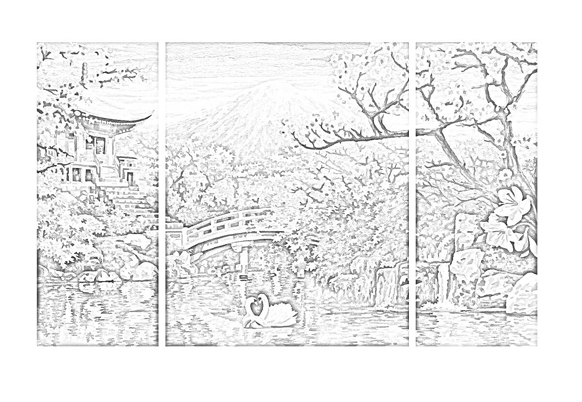 На раскраске изображено: Японский пейзаж, Храм, Мост, Лебедь, Пруд, Цветущие деревья, Природа, Отдых, Живопись по номерам