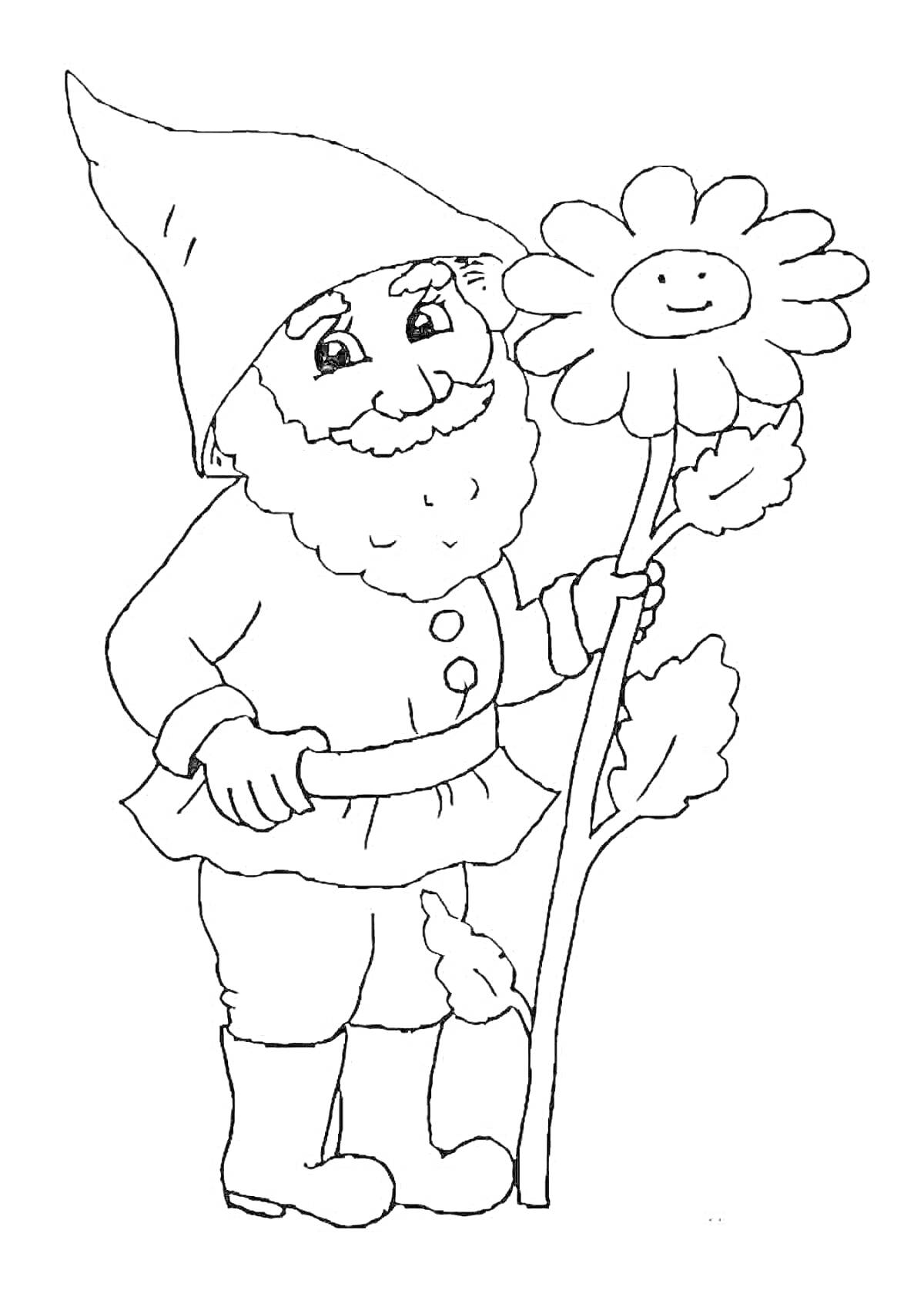 Раскраска Лесовичок с цветком (гном с бородой в шляпе держит цветок с улыбающимся лицом)