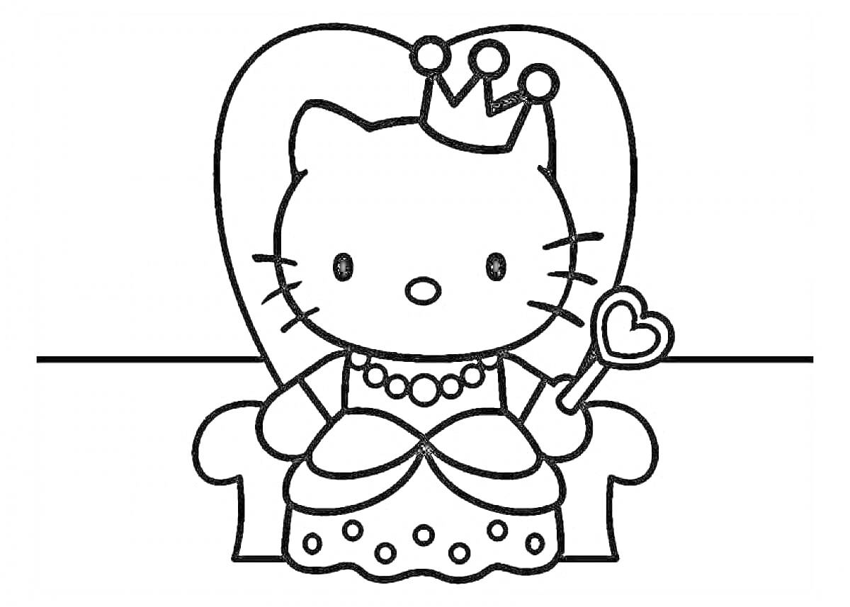 Раскраска Hello Kitty в короне на троне с сердцевидным жезлом