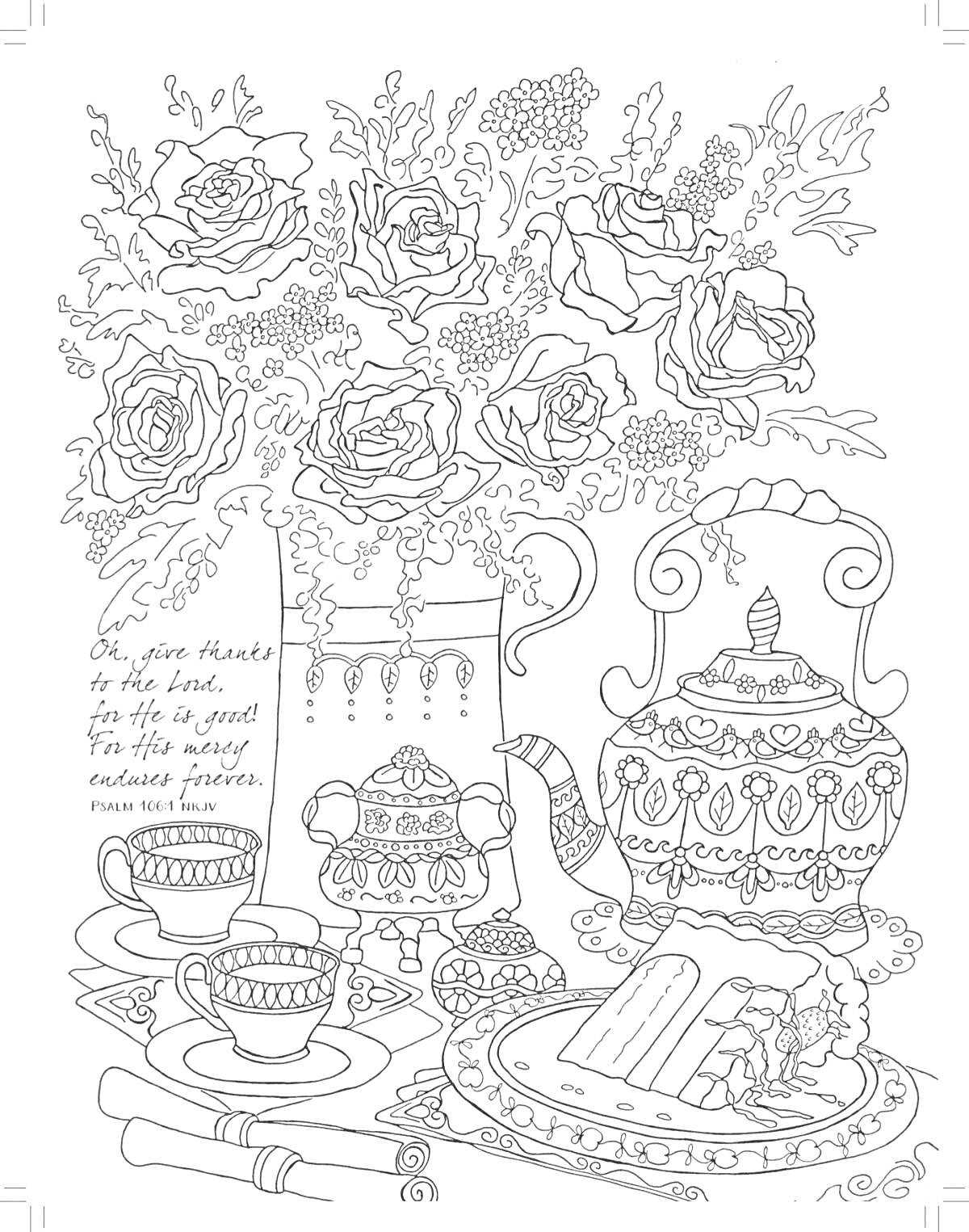 На раскраске изображено: Чаепитие, Розы, Чашки, Ваза, Цветы, Скатерть