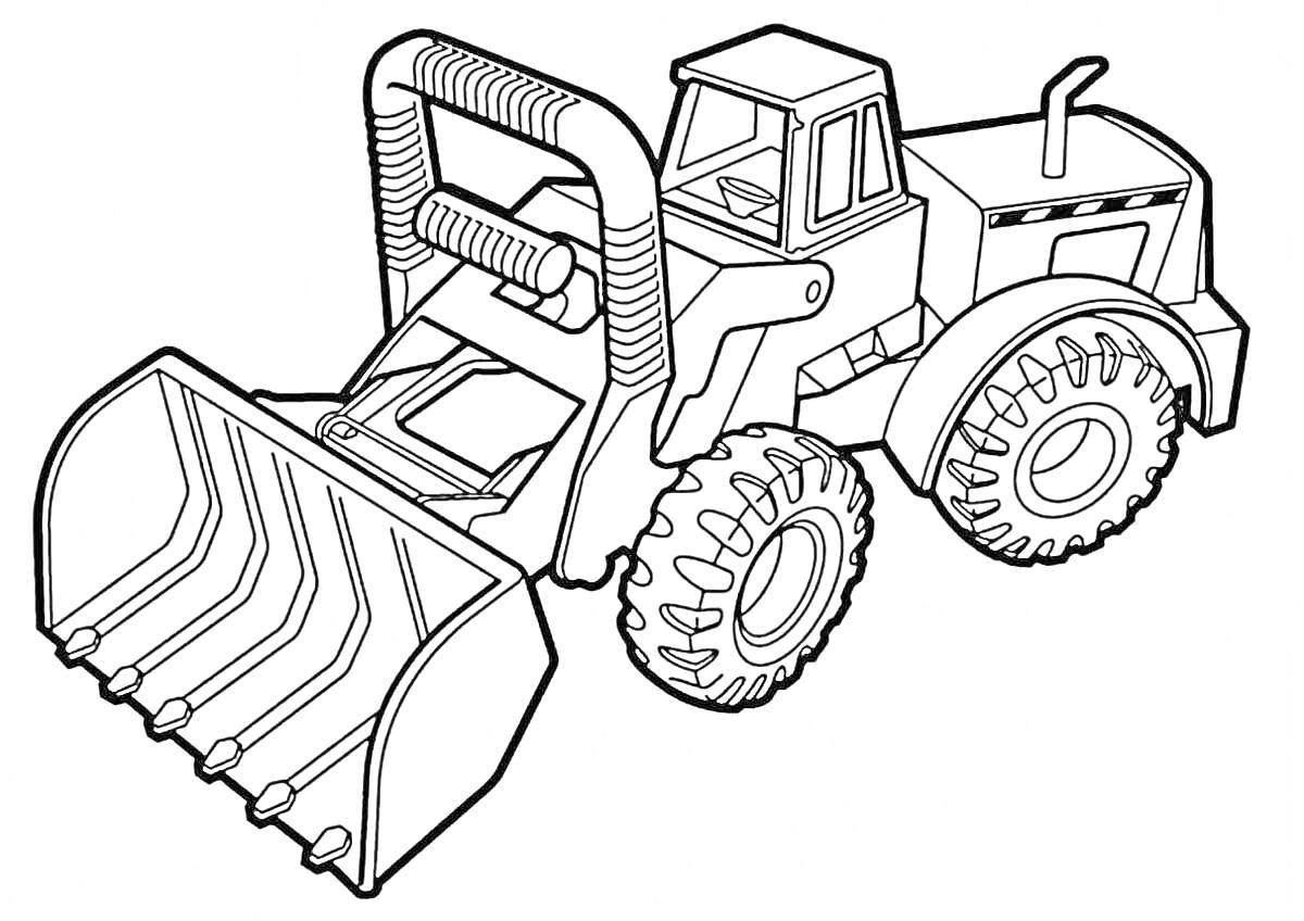 Раскраска Экскаватор-трактор с ковшом и массивными колесами