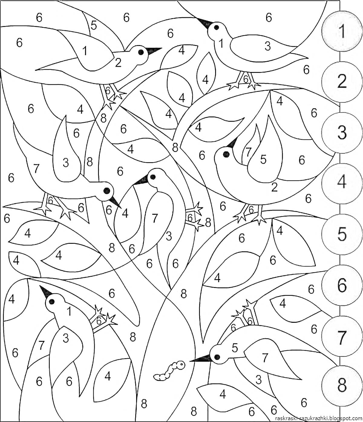 Раскраска Птицы на дереве с гусеницей