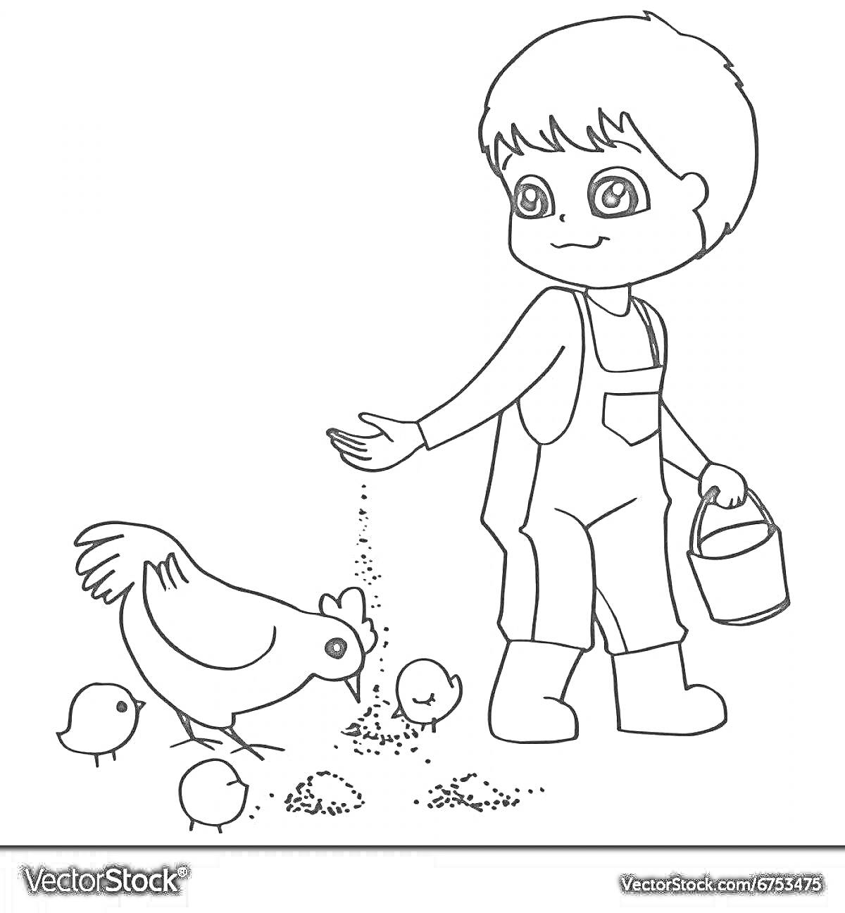 На раскраске изображено: Мальчик, Цыплята, Животные