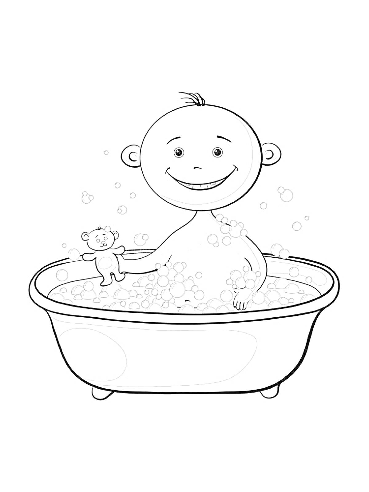 На раскраске изображено: Ванна, Ребенок, Мыльные пузыри, Купание, Вода, Смех, Веселое время, Ножки, Уши
