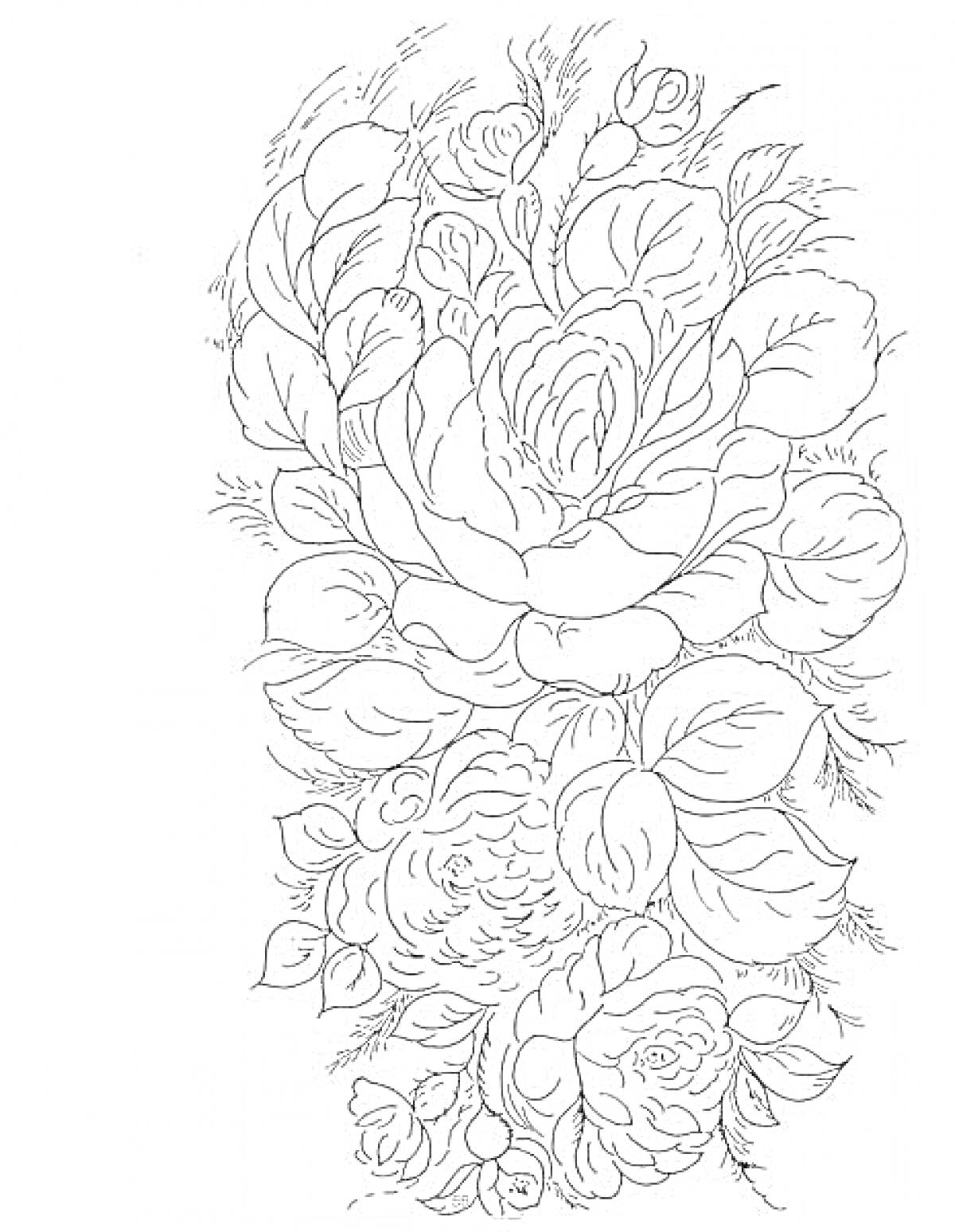 Раскраска Жостовский узор с крупными розами и листьями