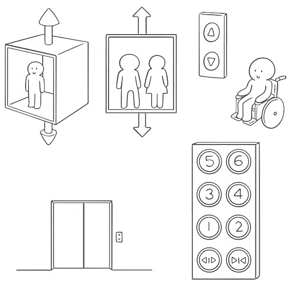 На раскраске изображено: Лифт, Два человека, Инвалидная коляска, Панель управления