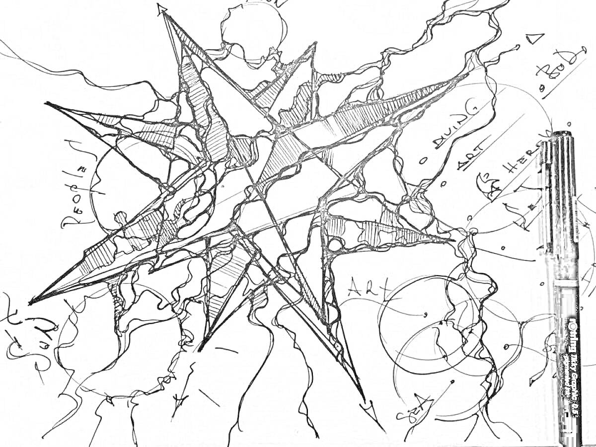 Раскраска нейрографический рисунок с объёмной звездой, окружённой абстрактными линиями и надписями, рядом лежит чёрный фломастер