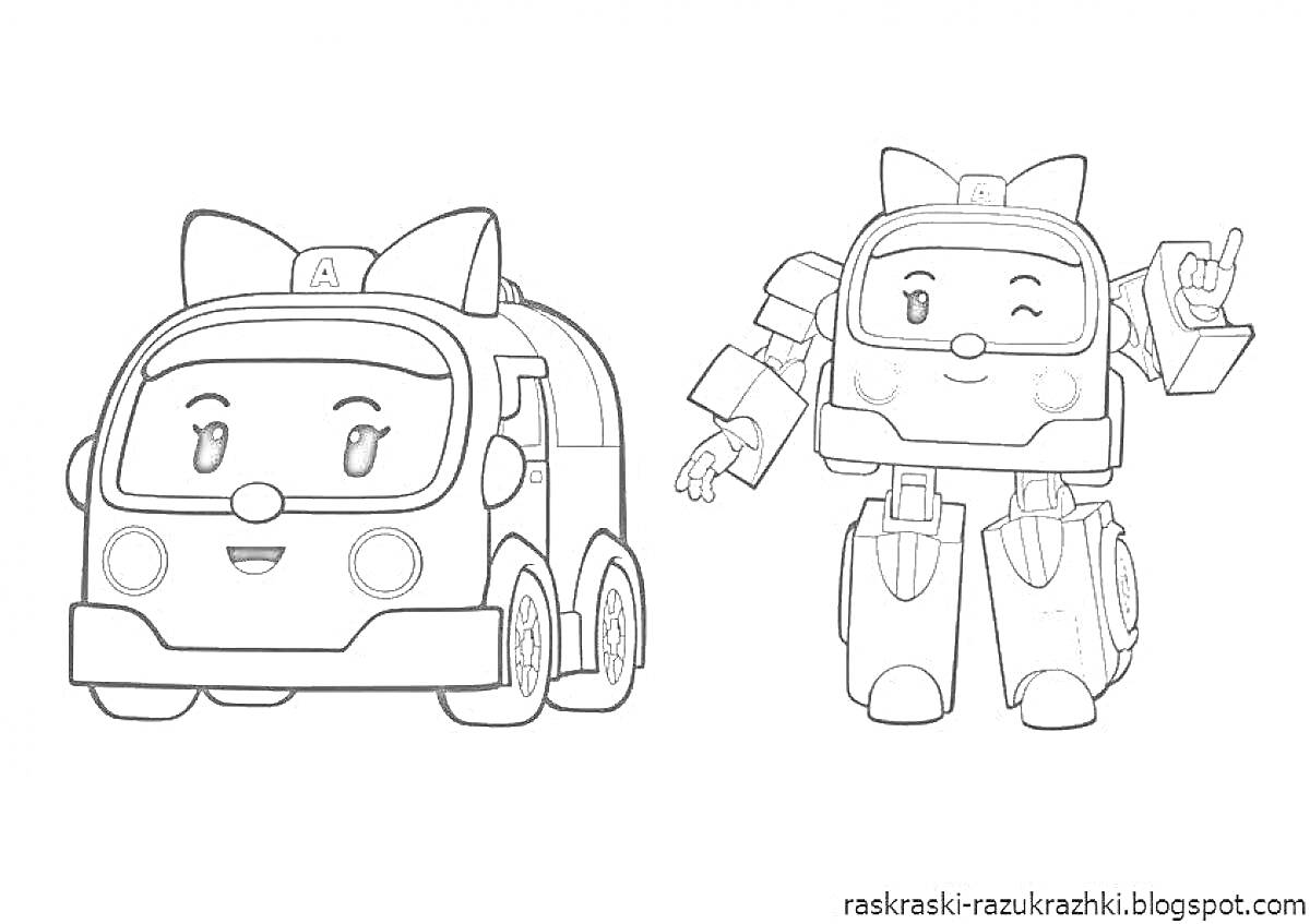 На раскраске изображено: Робокар поли, Эмбер, Робот, Транспорт, Трансформация