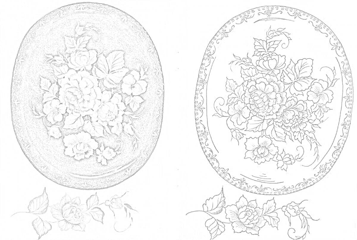 Раскраска Жостовский поднос с цветочным узором и отдельные элементы роз