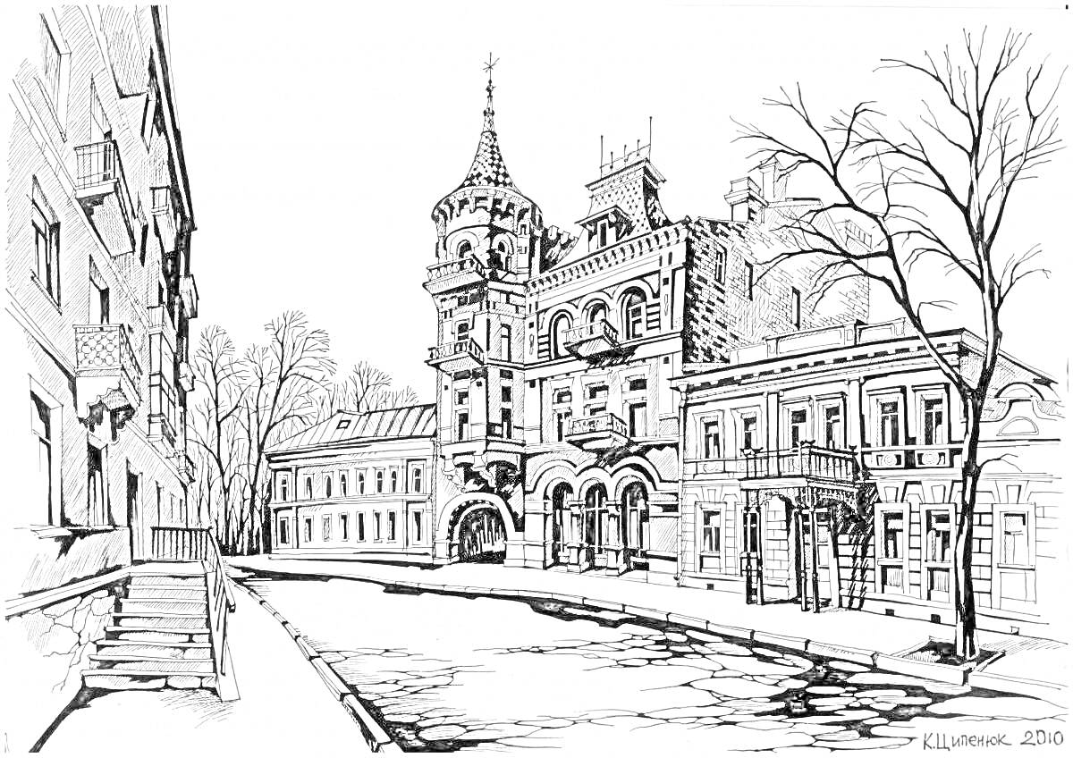Раскраска Архитектурный ансамбль Киева с узкой улицей, старинным зданием в центре, лестницей слева и деревьями на заднем плане