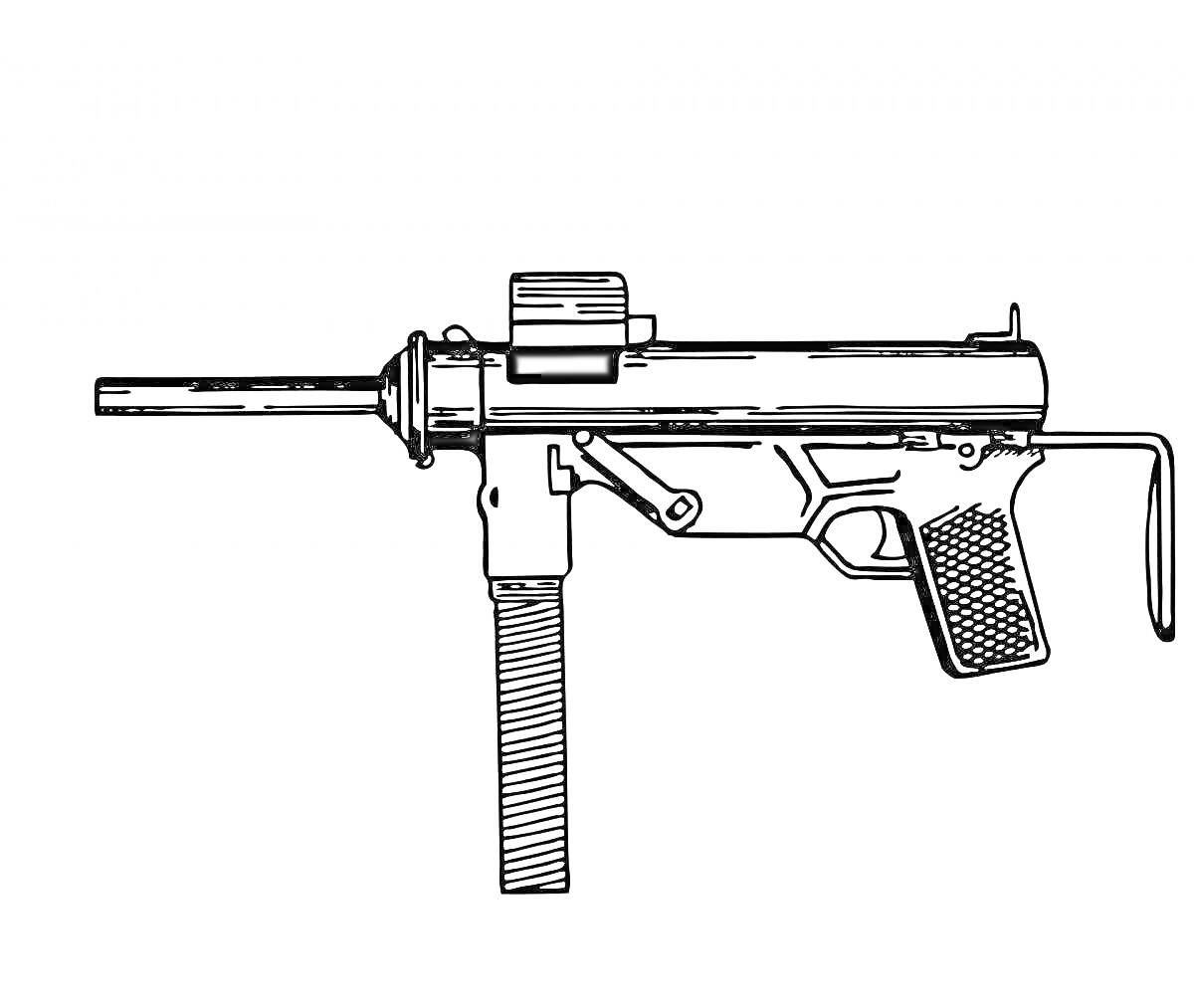 На раскраске изображено: Оружие, Пистолет-пулемет, Прицел