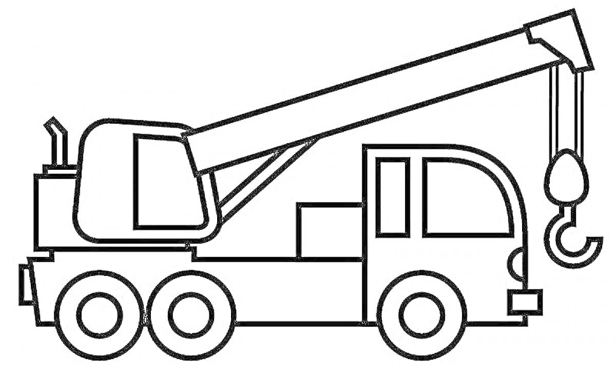 На раскраске изображено: Кран, Кабина водителя, Крюк, Строительная техника, Колеса, Грузовая машина, Подъемный кран, Авто