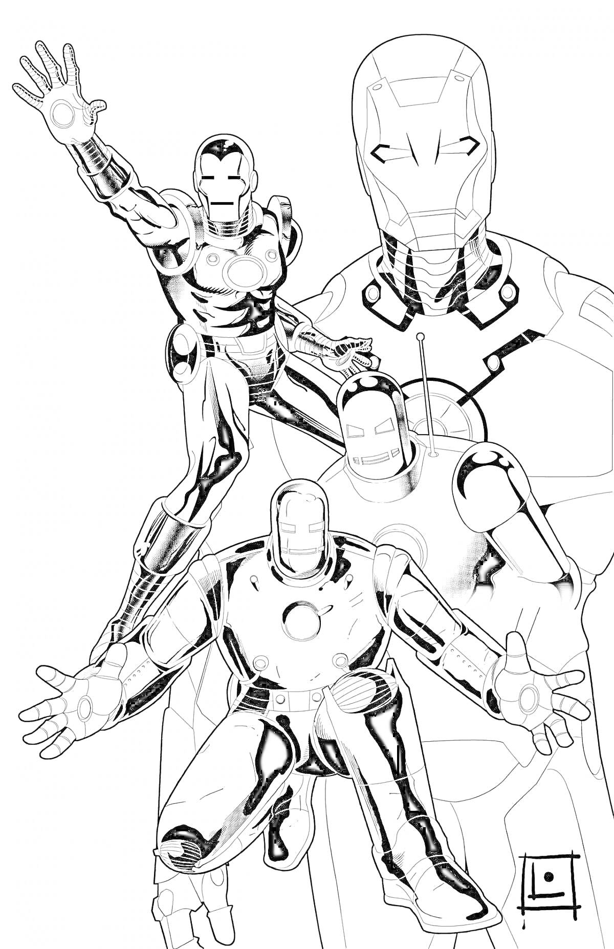 Раскраска Железный человек 50 марк в различных позах на фоне большого изображения шлема