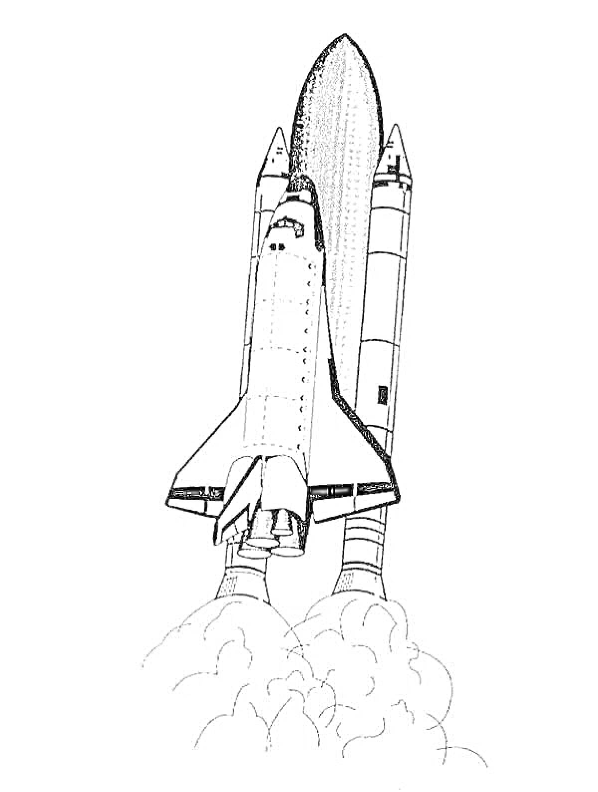 На раскраске изображено: Шаттл, Ракета, Космос, Старт, Запуск, Дым, Полет