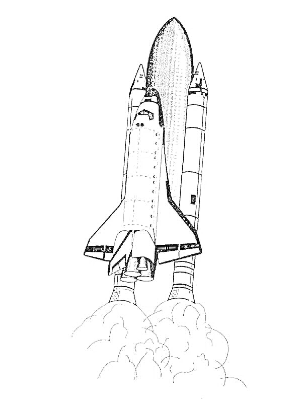 Раскраска Шаттл с двумя ракетоносителями на старте
