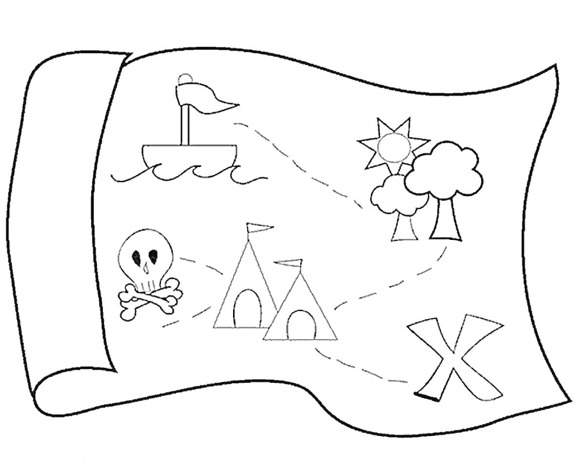 Раскраска Картинка с картой сокровищ с кораблем, солнцем с облаком и деревьями, черепом со скрещенными костями, палатками и крестом
