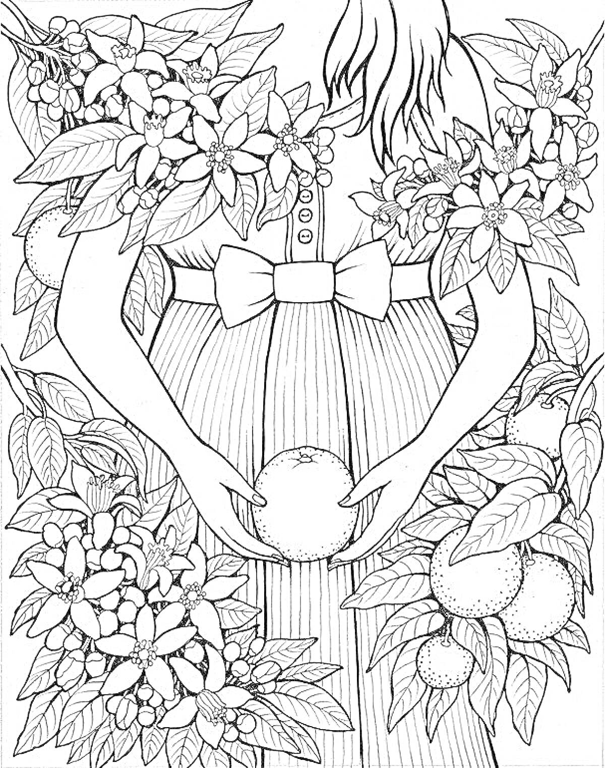 Раскраска Беременная женщина, цветы, листья, яблоки
