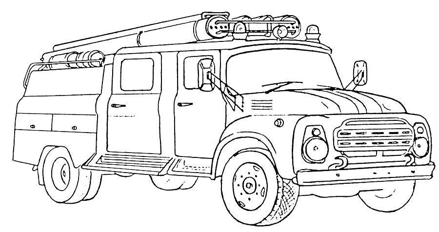На раскраске изображено: Пожарная машина, Транспорт, Лестница, Для мальчиков, Грузовая машина, Авто