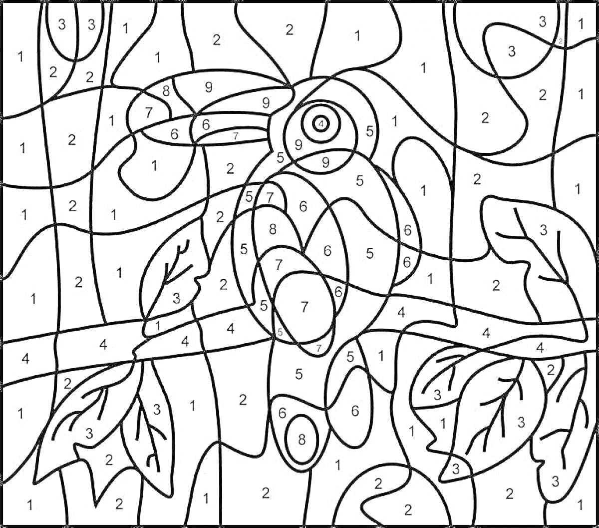 Раскраска Раскраска по номерам с птицей на ветке и листьями