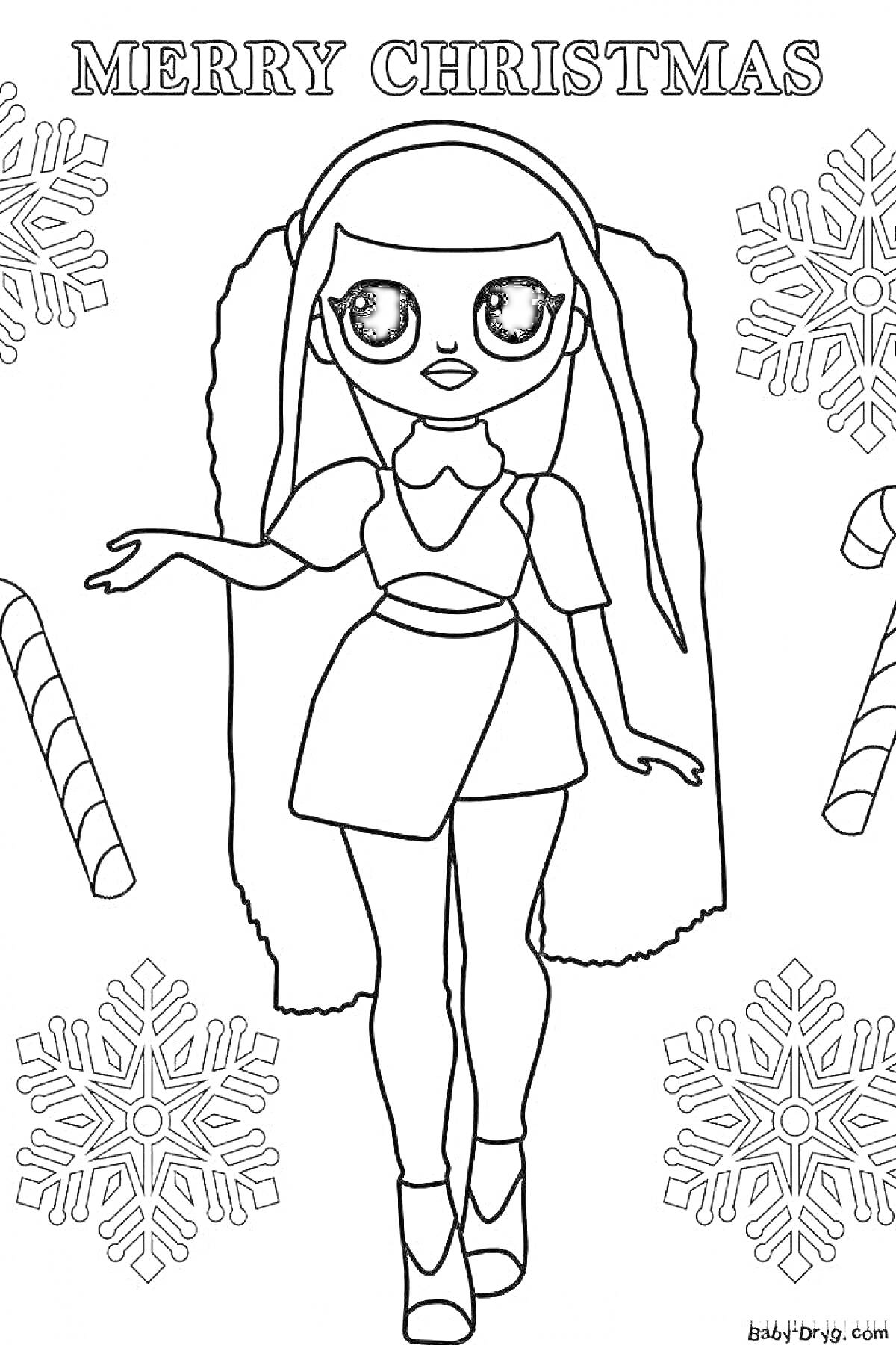 Раскраска Кукла ЛОЛ в платье с надписью Merry Christmas, снежинками и леденцами