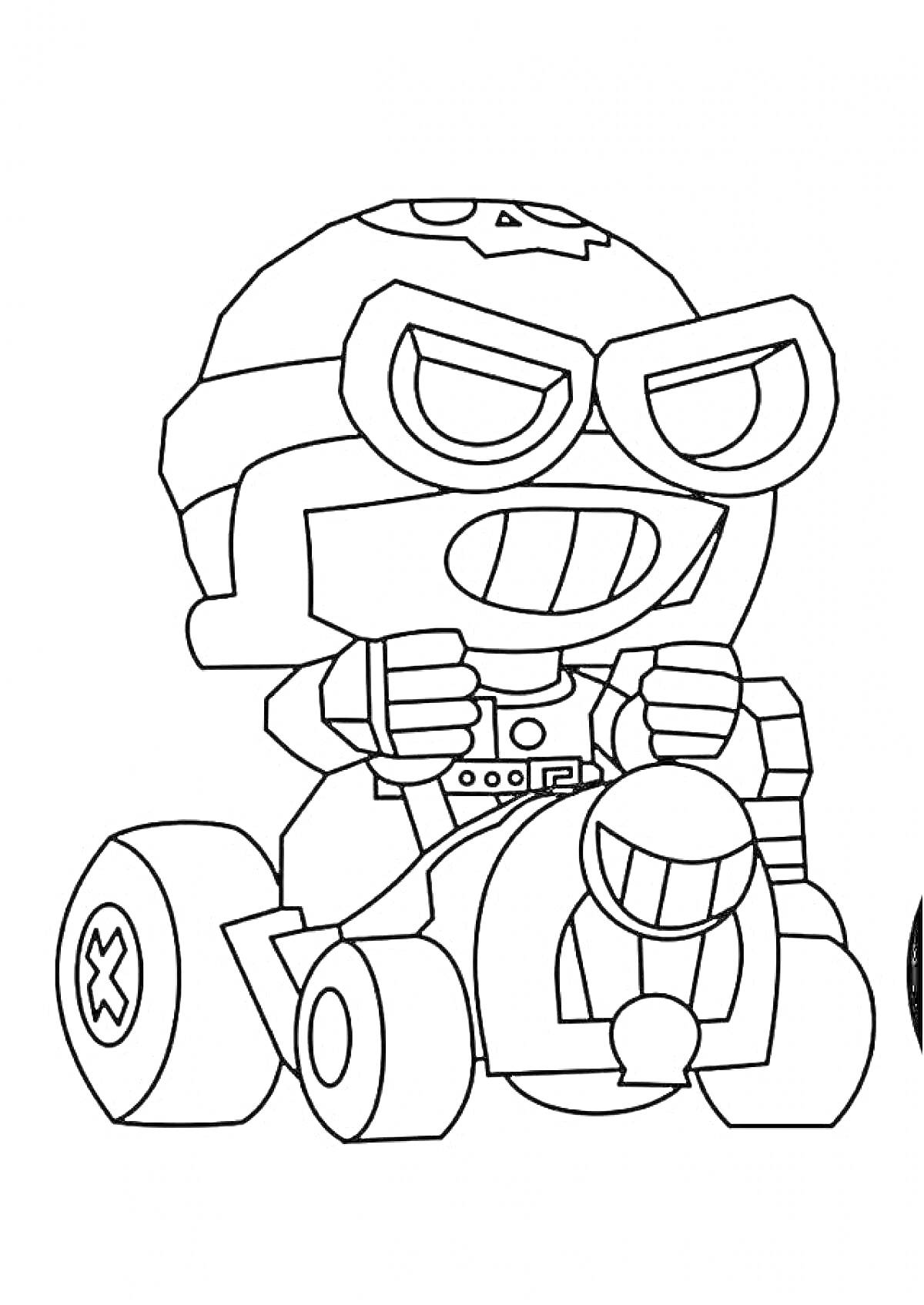 Раскраска Персонаж в шлеме и очках, сидящий в небольшом автомобиле, в стиле игры Браво Старс