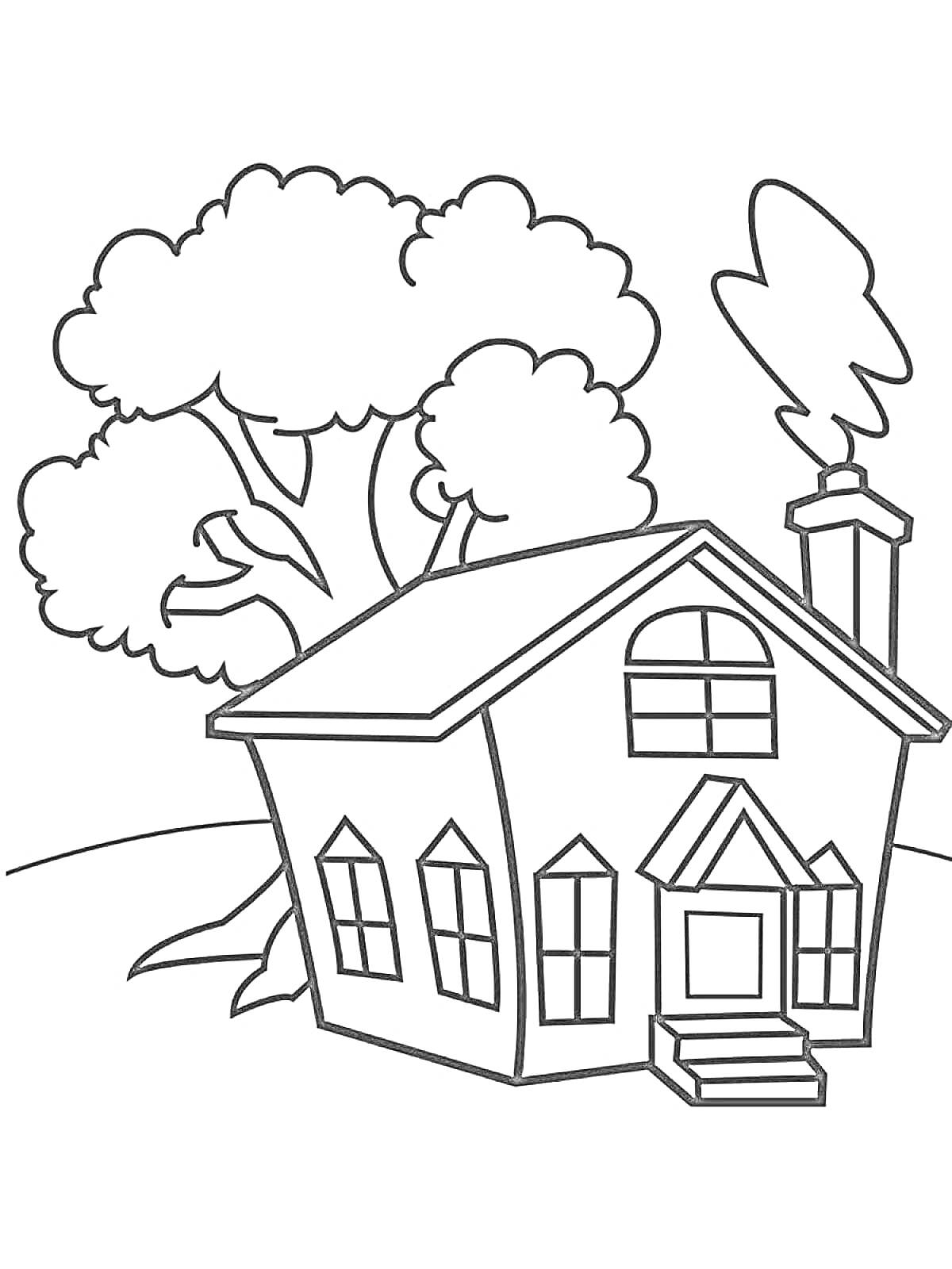 Раскраска Дом с деревом, крыша, труба, окна, дверь, ступеньки, дым, холм