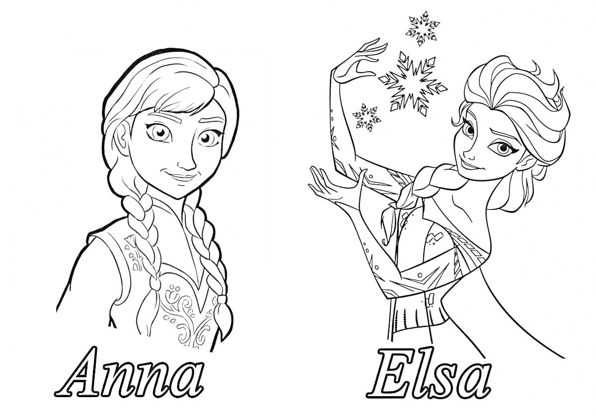 На раскраске изображено: Анна, Эльза, Холодное сердце, Дисней, Снежинки, Две девушки