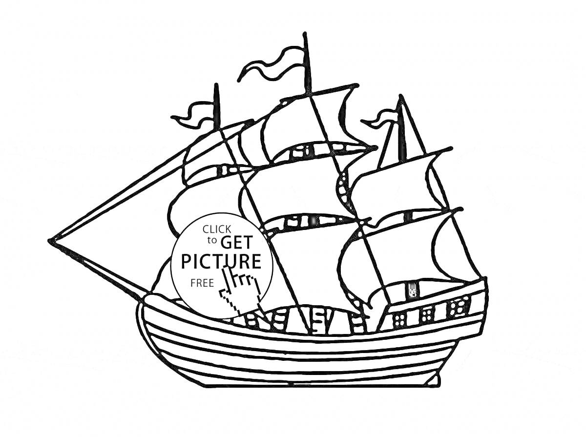 На раскраске изображено: Корабль, Паруса, Корпус, Морское судно, Плавание, Море