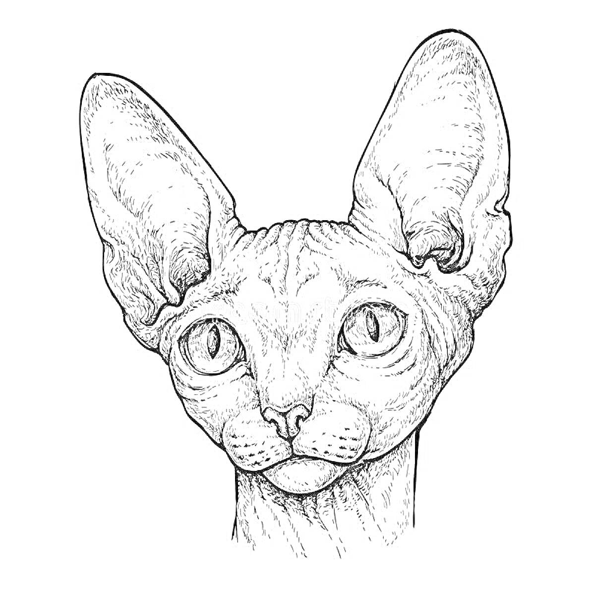 На раскраске изображено: Кот, Сфинкс, Уши, Глаза, Морда