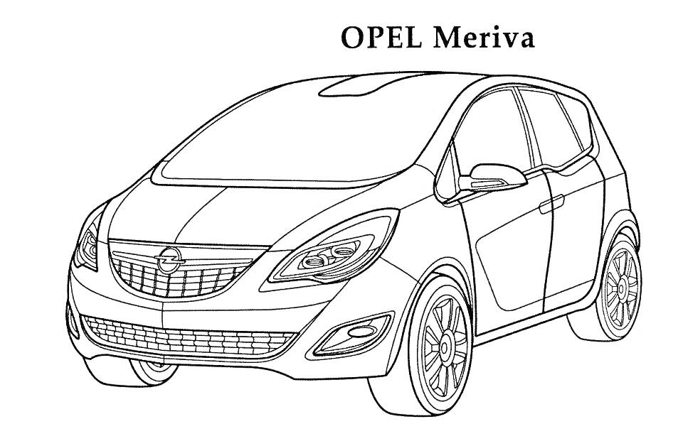 Раскраска Opel Meriva с логотипом, кузовом, фарами, решеткой радиатора и колесами