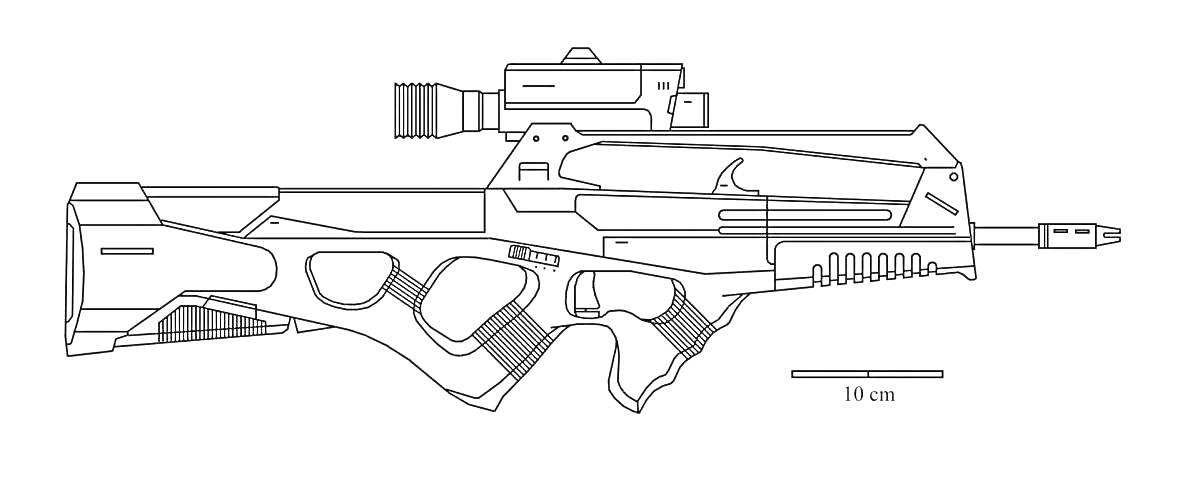 На раскраске изображено: Штурмовая винтовка, Оружие, Оптический прицел, Рукоятка, Ствол, Автомат