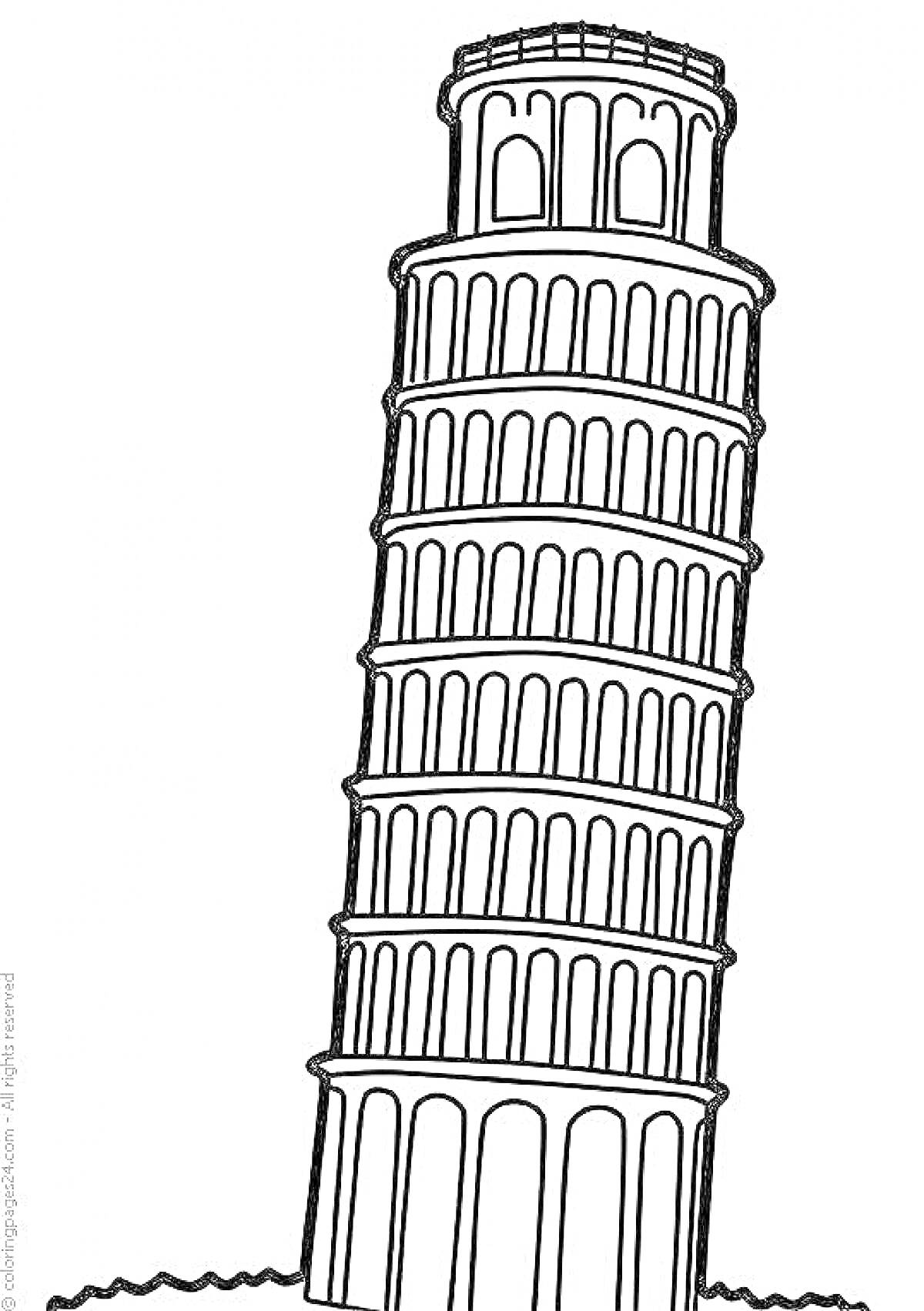 На раскраске изображено: Пизанская башня, Архитектура, Италия, Наклон, Колонны