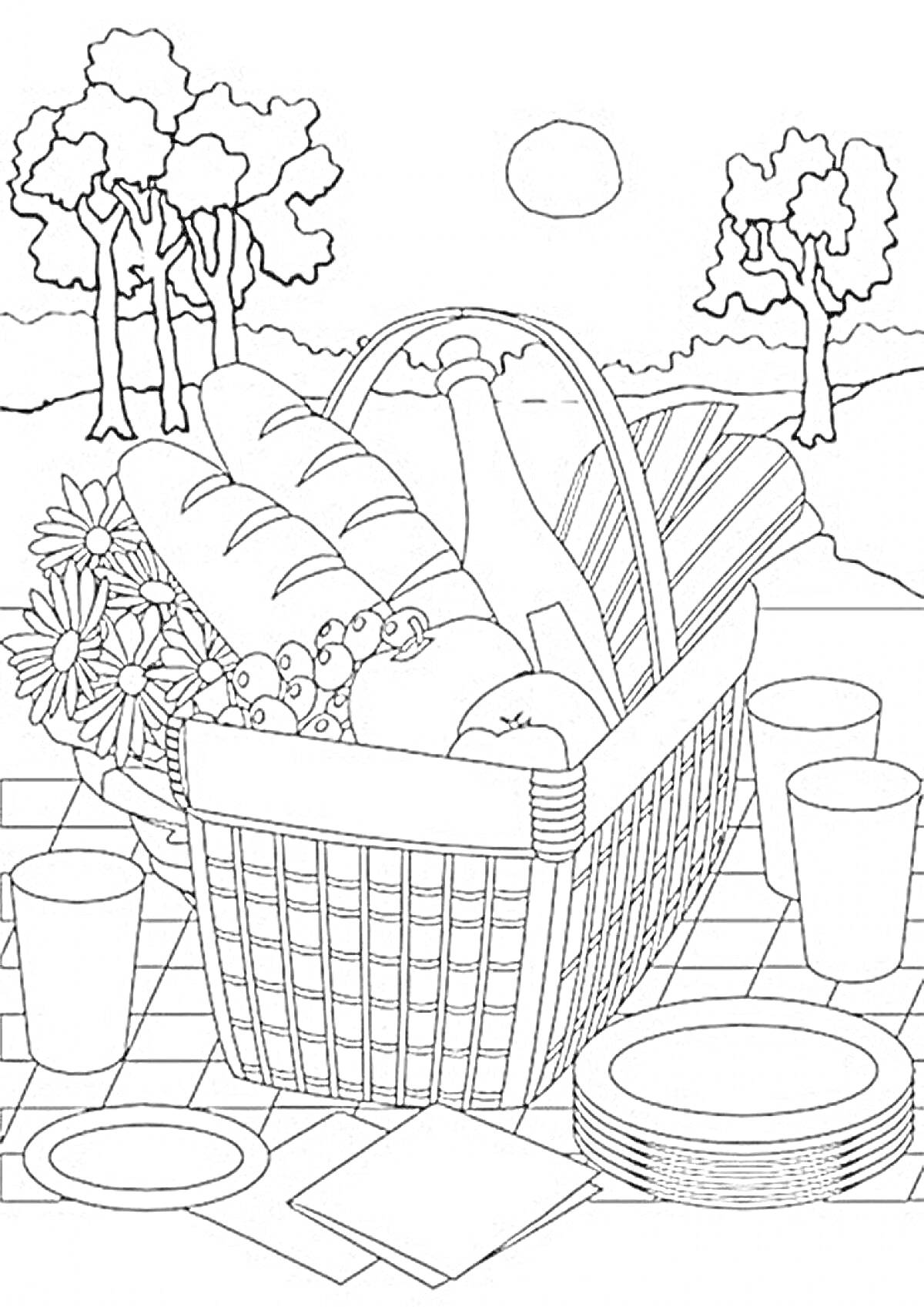 Раскраска Корзина с хлебом, бутылкой, фруктами, цветами и столовыми предметами на природе