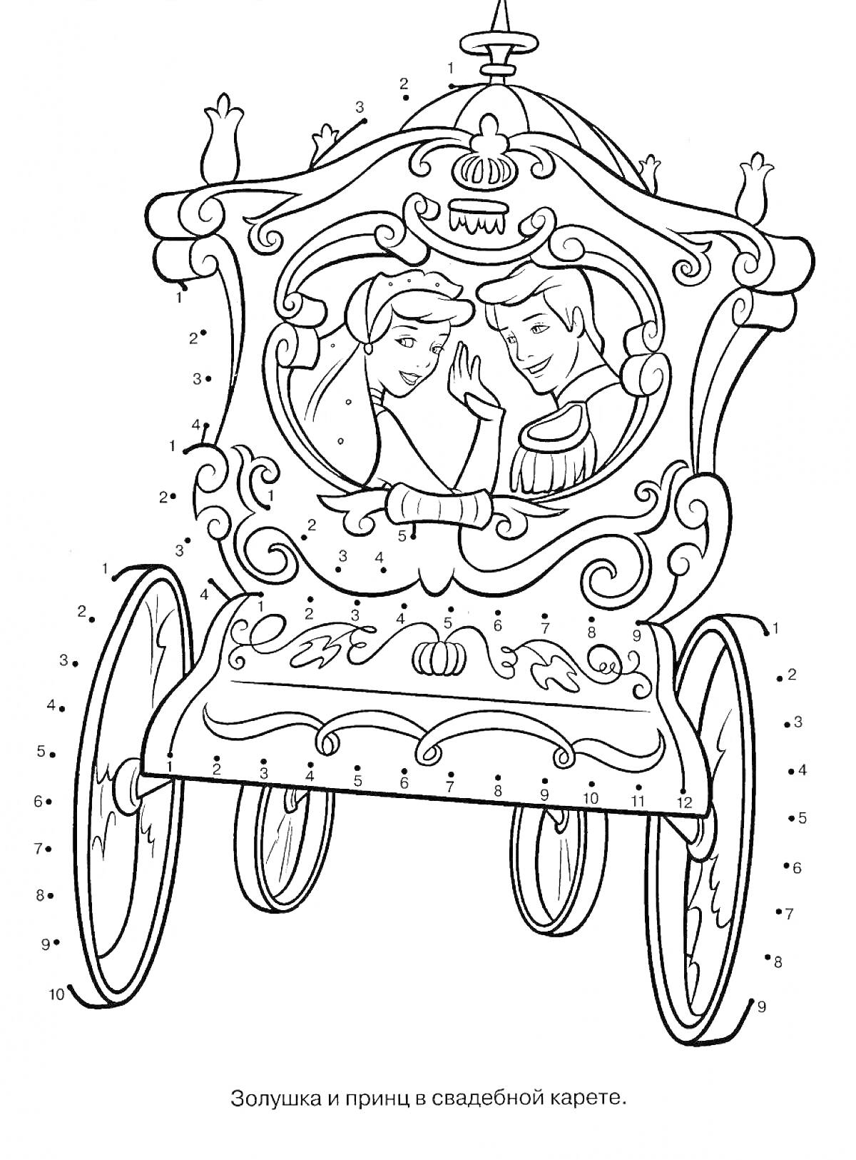 Раскраска Принцесса и принц в свадебной карете из сказки, карета с четырьмя колесами, украшенная королевскими узорами.
