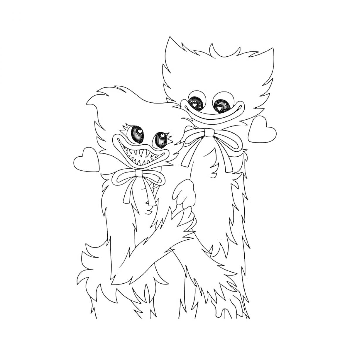 Раскраска Два персонажа кисимиси с бантиками и сердечками