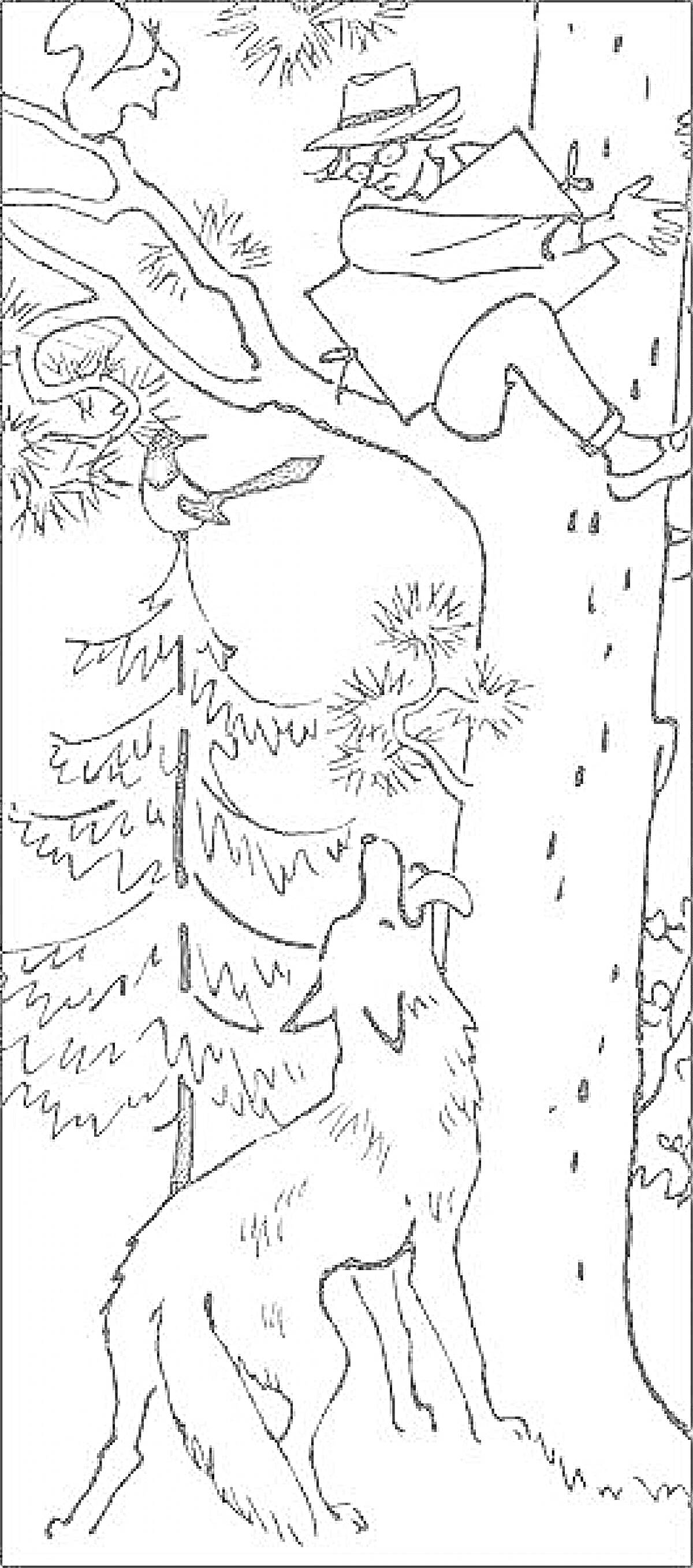 Раскраска Петя и волк у дерева, Петя на дереве с лисицей и птицей, волк внизу
