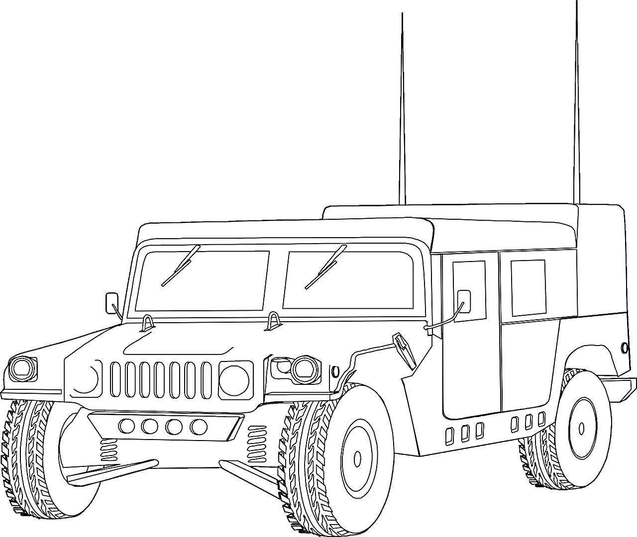 Раскраска Военный Хаммер с антеннами, детально прорисованный (вид спереди-сбоку)
