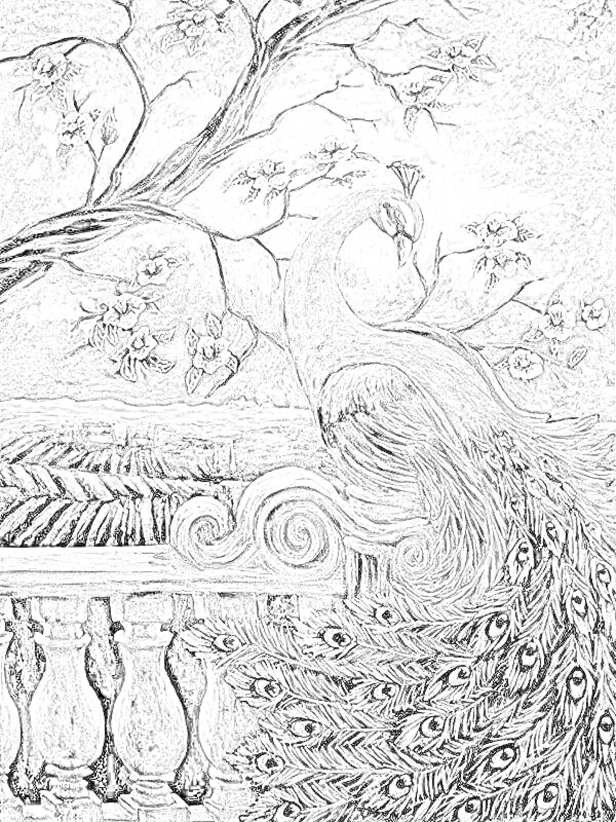 На раскраске изображено: Павлин, Балкон, Цветущее дерево, Алмазная мозаика, Природа, Птица, Цветы