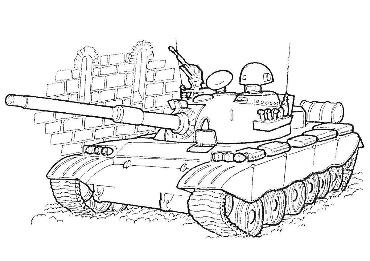 На раскраске изображено: Танк, Т-90, Военная техника, Гусеницы, Пушка, Прицел, Стена, Боевые машины