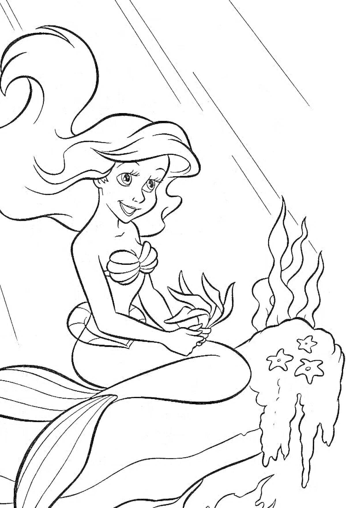 РаскраскаРусалочка сидит на камне с морскими растениями и морскими звездами