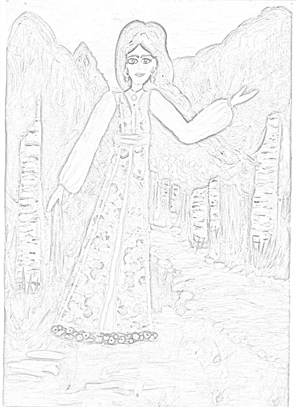 На раскраске изображено: Хозяйка медной горы, Лесная тропинка, Русский фольклор, Женщина